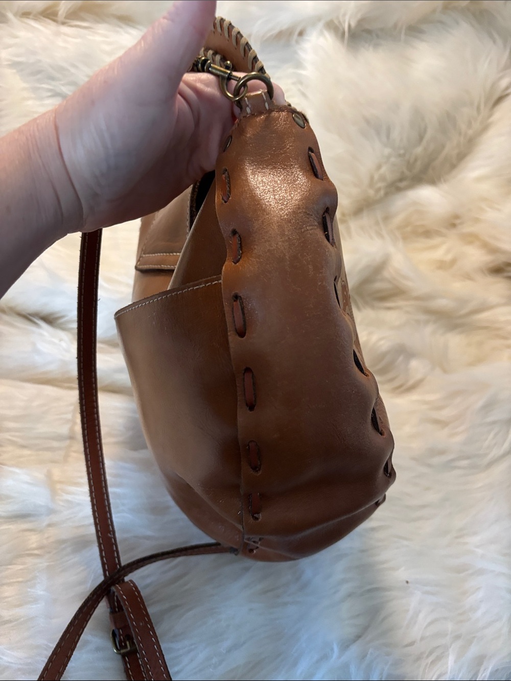 Patricia Nash Cognac Floral-Embossed Sadle Shaped Crossbody Bag - Picture 8 of 10